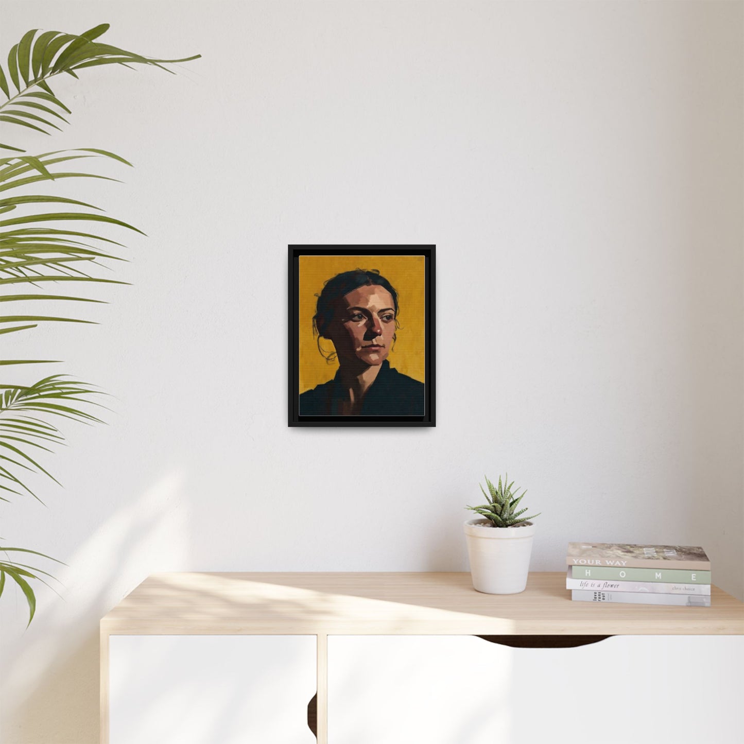 Framed Matte Canvas Portrait Art — Moody Woman on Mustard Background