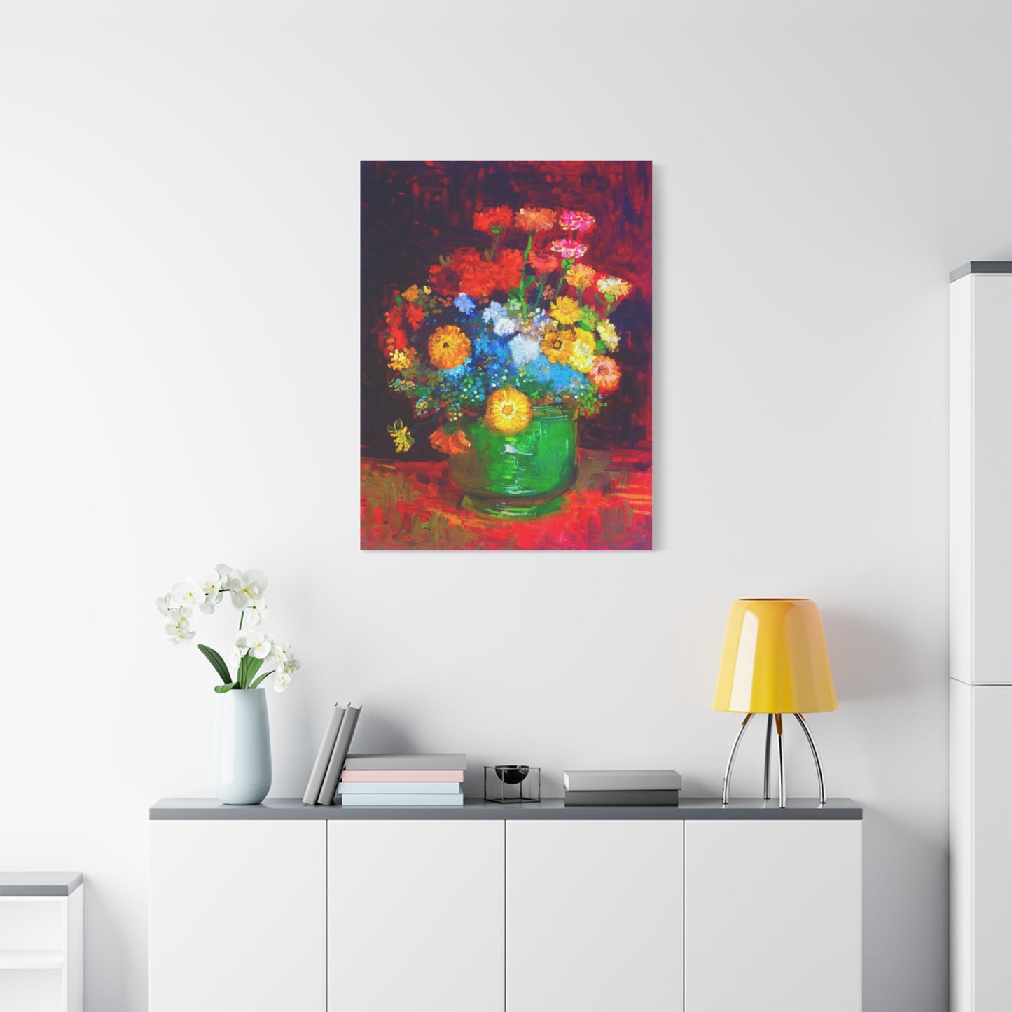 Floral Still Life Canvas Print — Vibrant Bouquet in Green Vase