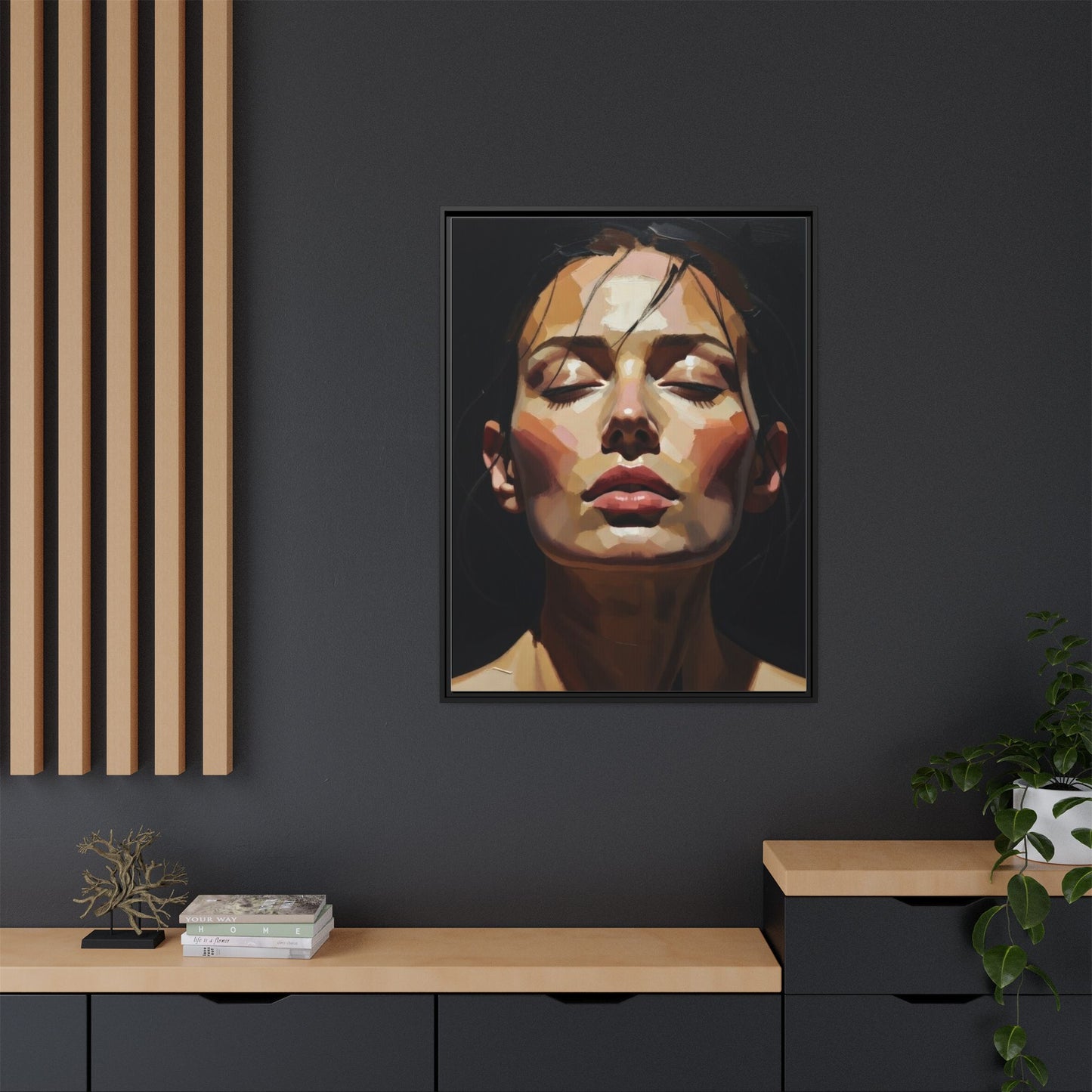 Framed Matte Canvas Portrait – Woman with Eyes Closed (Multi‑Color)