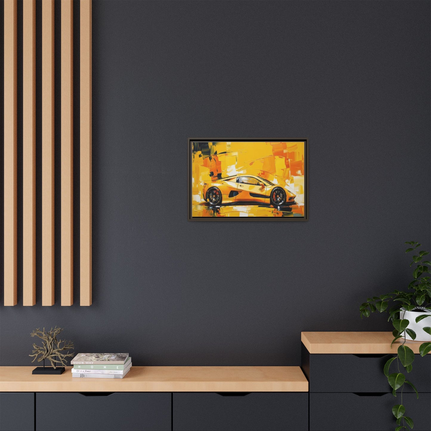 Yellow Sports Car Abstract Matte Canvas Framed Print
