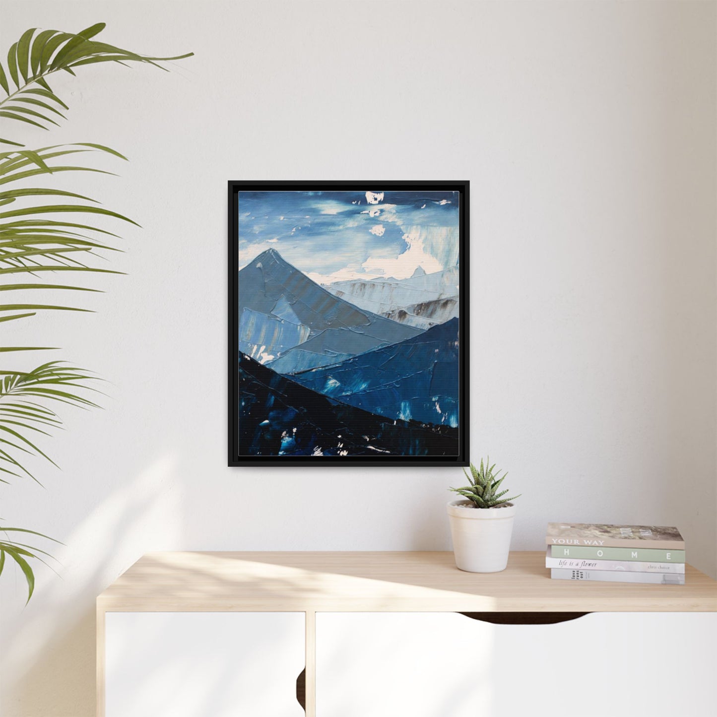 Blue Mountain Landscape Matte Canvas Framed | Abstract Mountain Wall Art