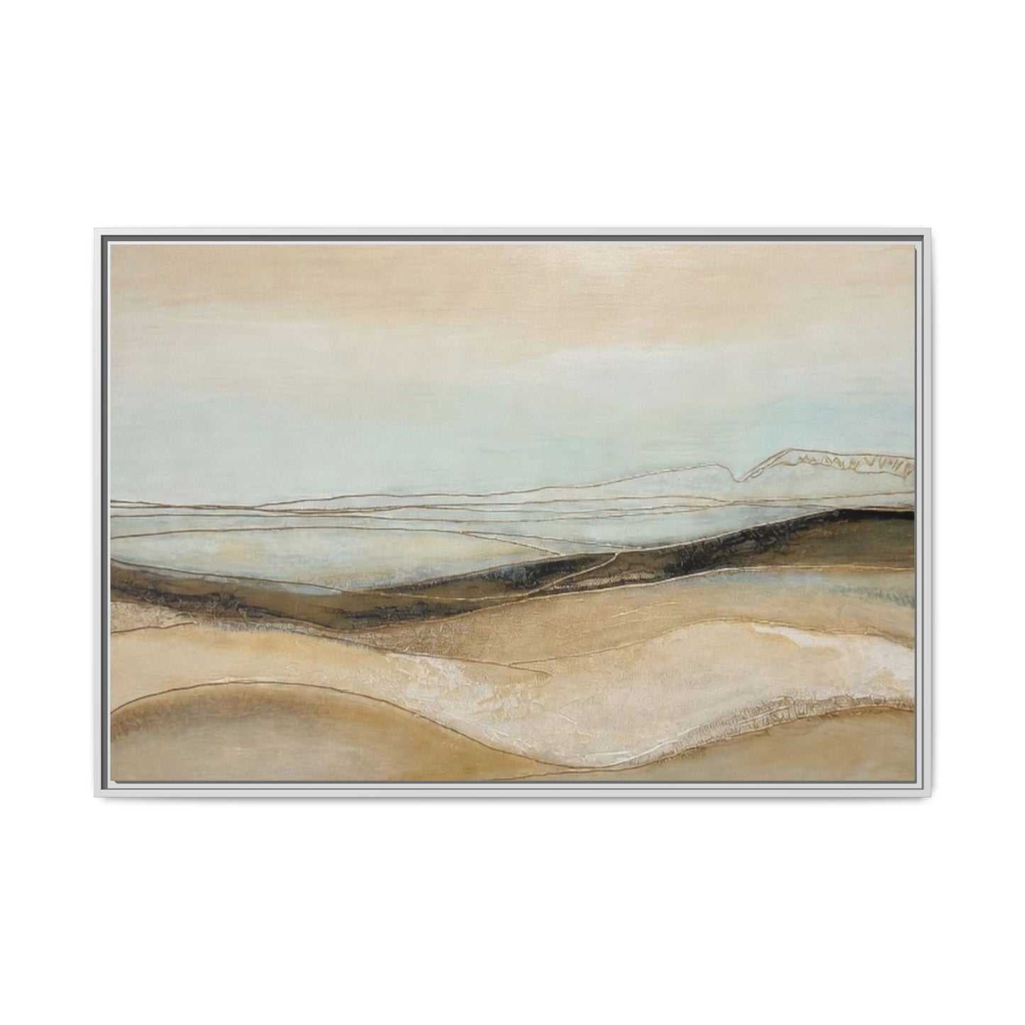 Framed Matte Canvas Wall Art — Neutral Abstract Landscape in Soft Blues & Earth Tones