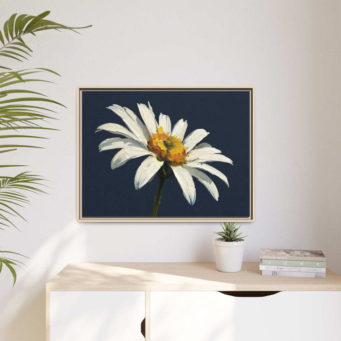 Framed Matte Canvas Daisy Wall Art — White Floral Painting on Navy