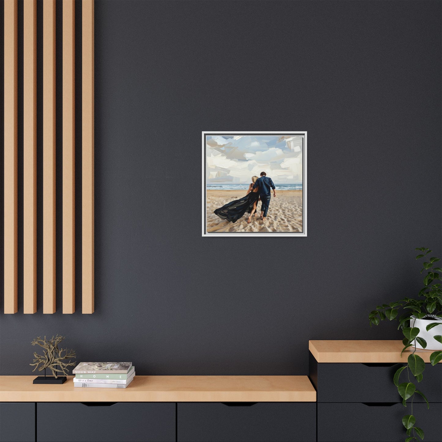Framed Canvas Wall Art — Romantic Couple Walking on Beach Print