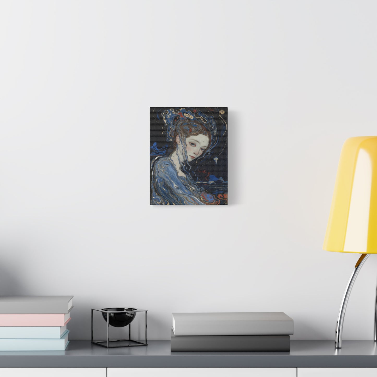 Ethereal Siren Matte Canvas Wall Art — Surreal Blue Portrait, Stretched 1.25"
