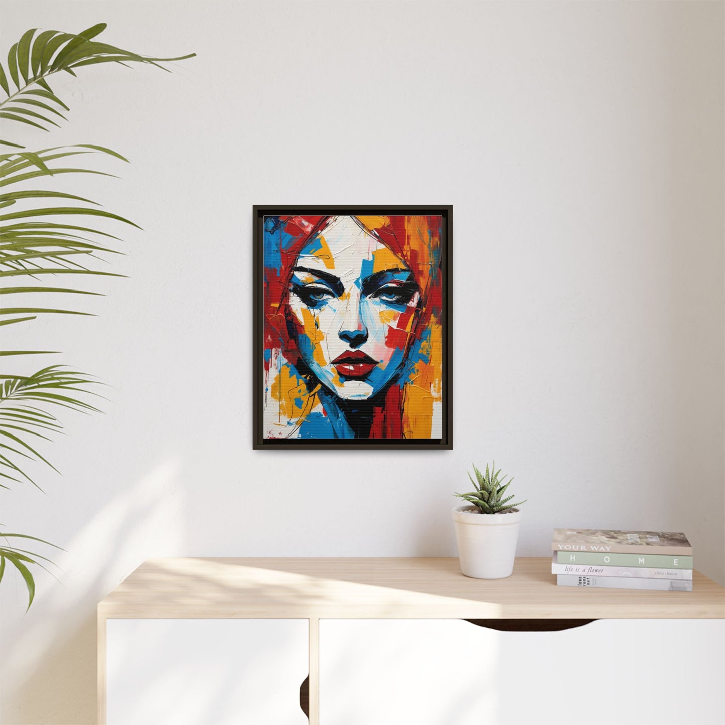 Framed Abstract Portrait Canvas — Colorful Female Face Wall Art