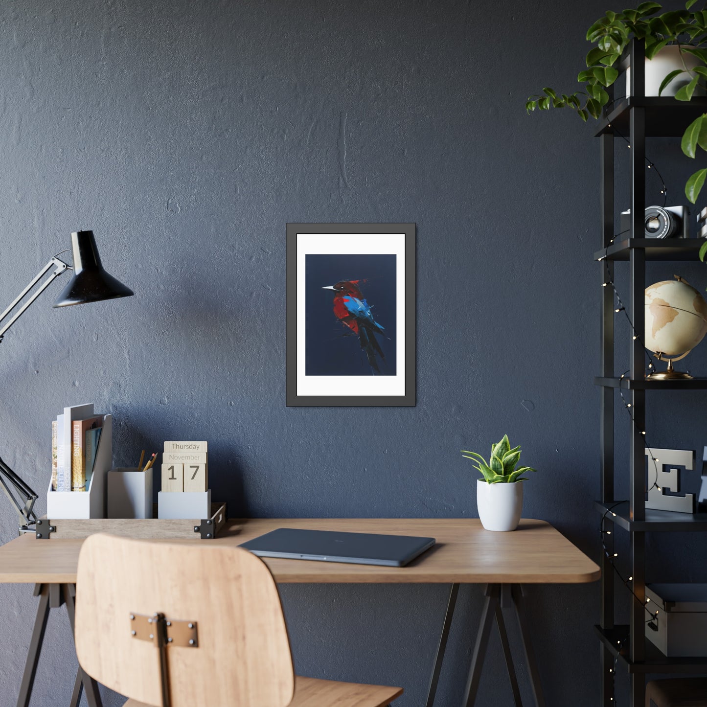 Framed Bird Art Print — Modern Red & Blue Kingfisher Poster