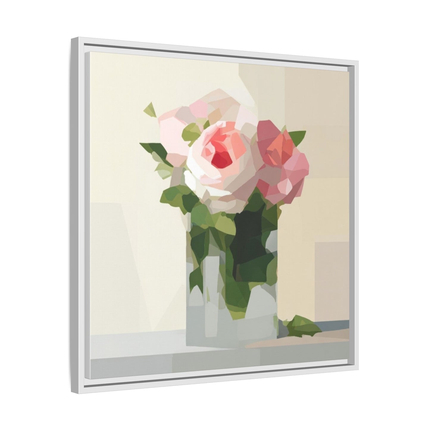 Framed Floral Canvas Print — Geometric Pink Rose Wall Art