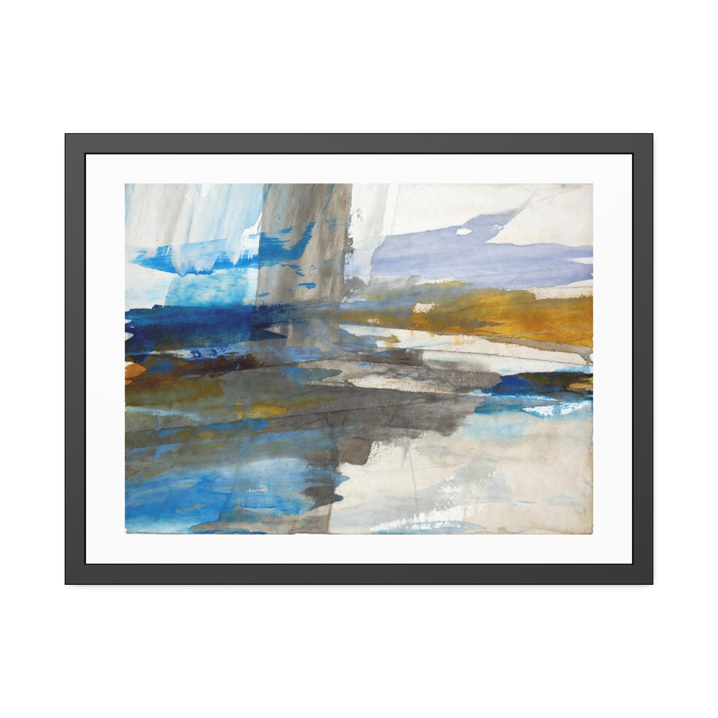 Abstract Coastal Waterscape Framed Poster — Blue & Gold Modern Wall Art