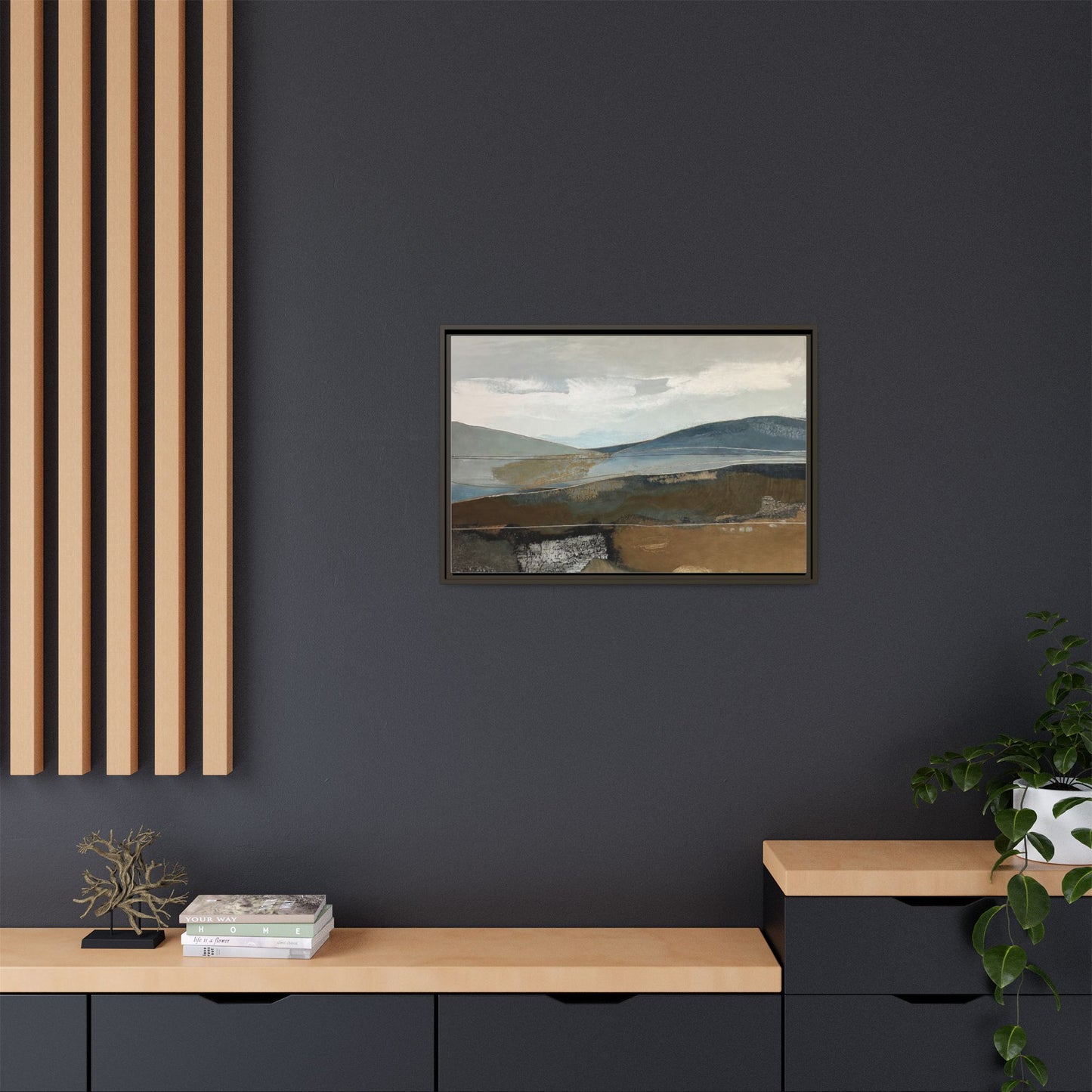 Framed Matte Canvas Landscape Art - Serene Abstract Hills in Blue & Earth Tones