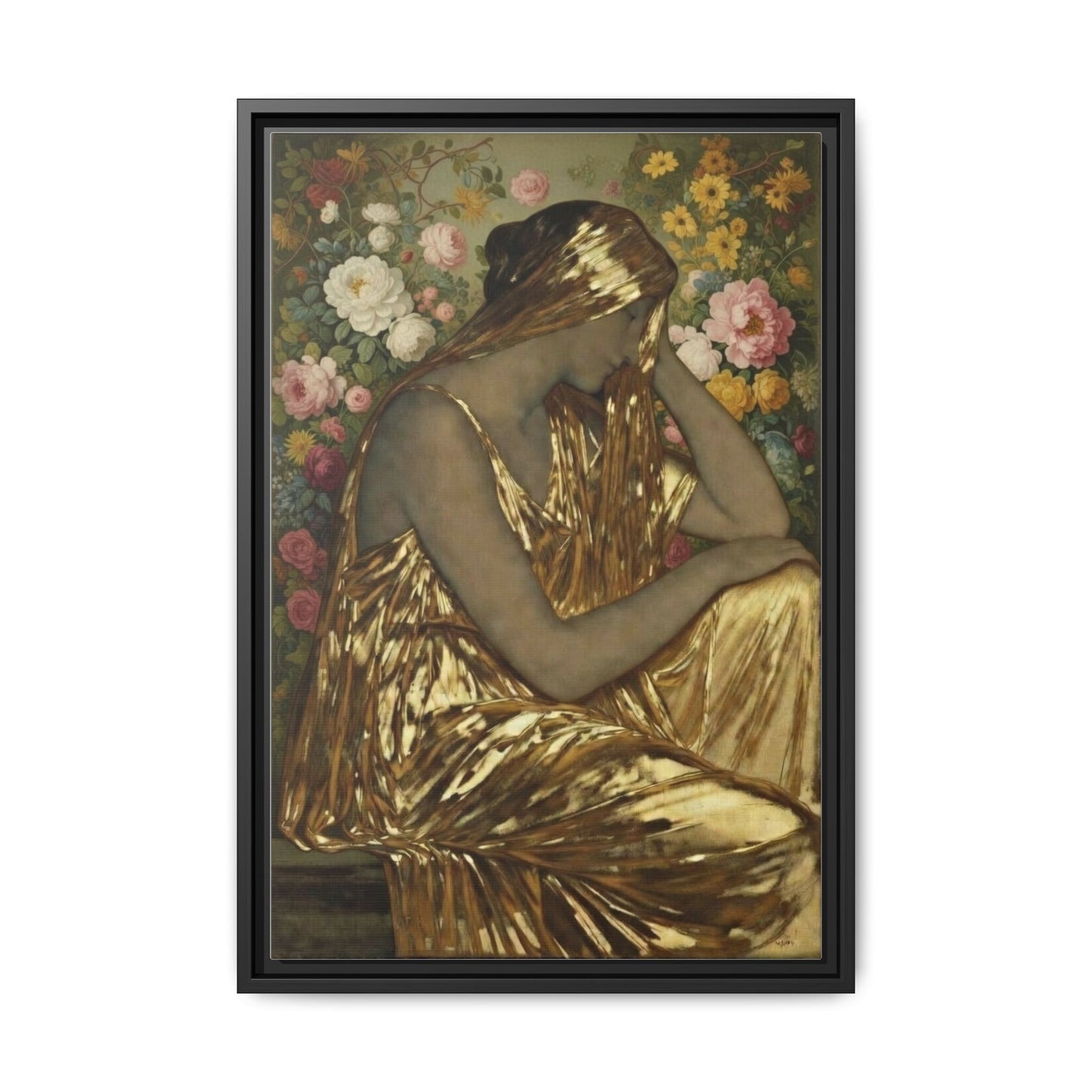 Framed Canvas Art Print — Golden Muse Woman with Floral Background