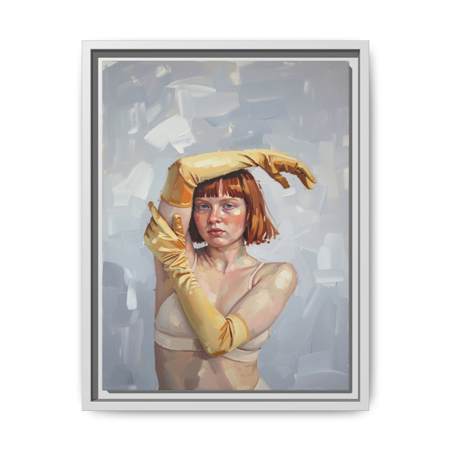 Contemporary Portrait Canvas Print — Woman with Yellow Gloves (Framed Matte)