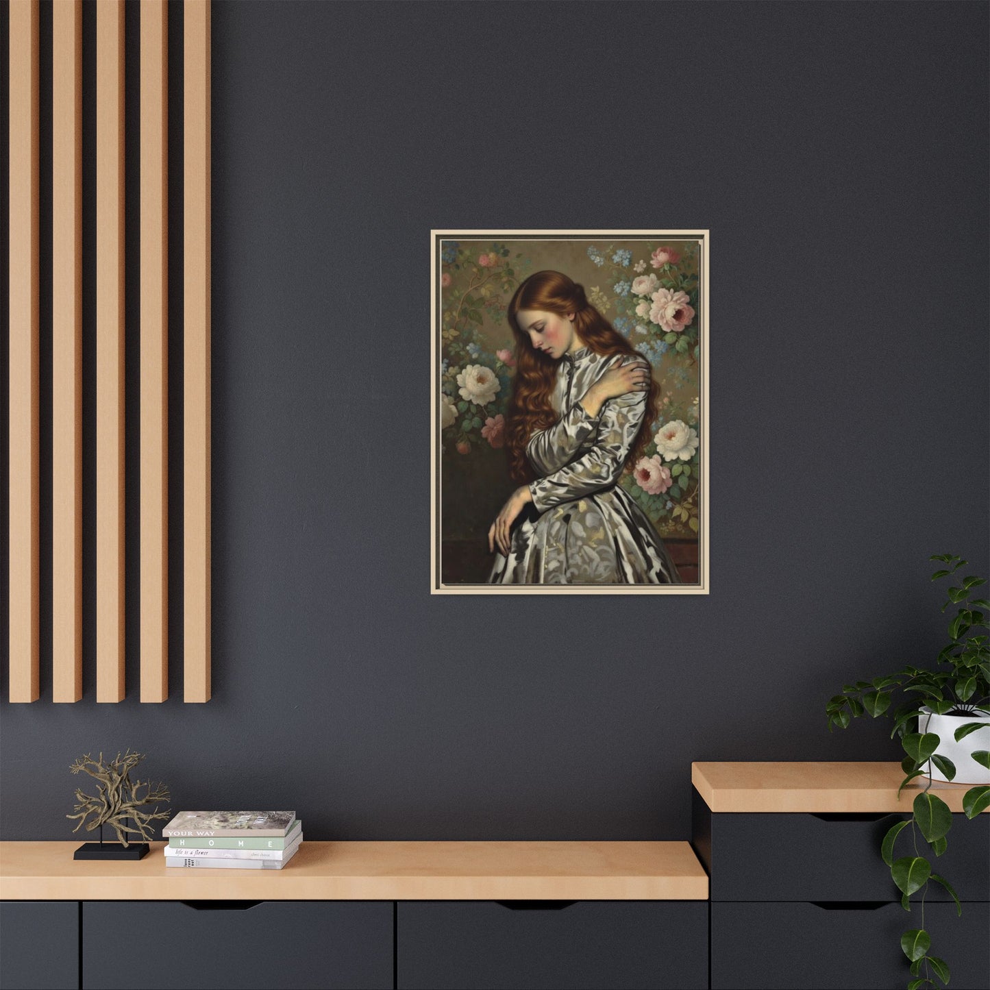 Framed Matte Canvas Art — Vintage Floral Portrait of a Young Woman