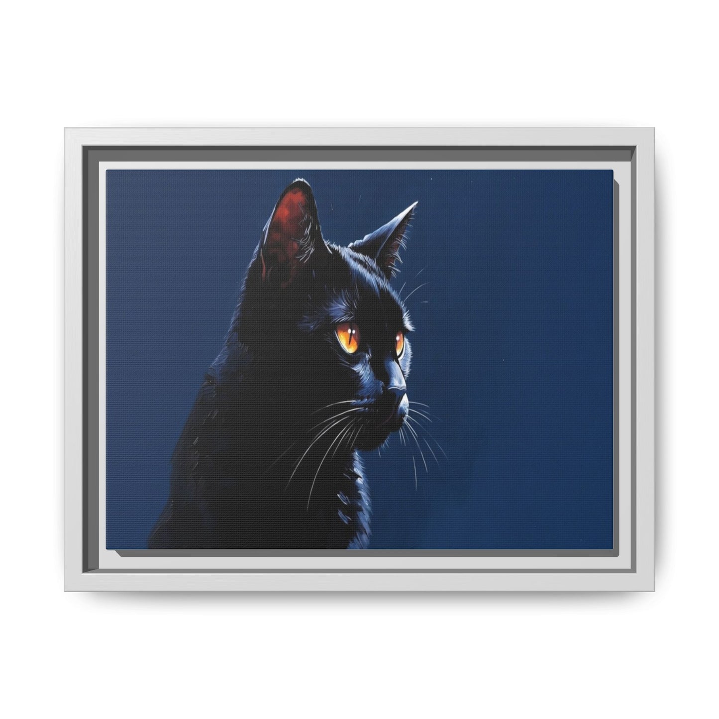 Black Cat Portrait Matte Canvas Framed Wall Art — Dramatic Feline Photo Print