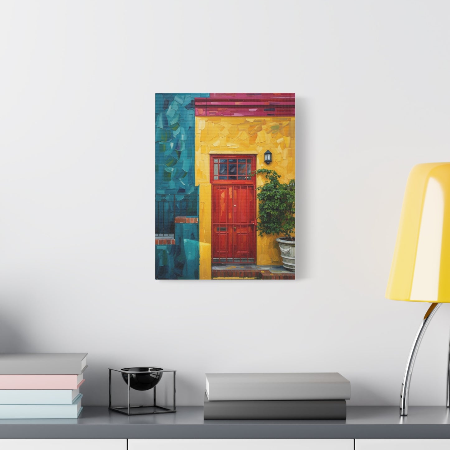 Colorful Doorway Canvas Wall Art — Vibrant Yellow & Teal Street Scene, Matte Stretched Print