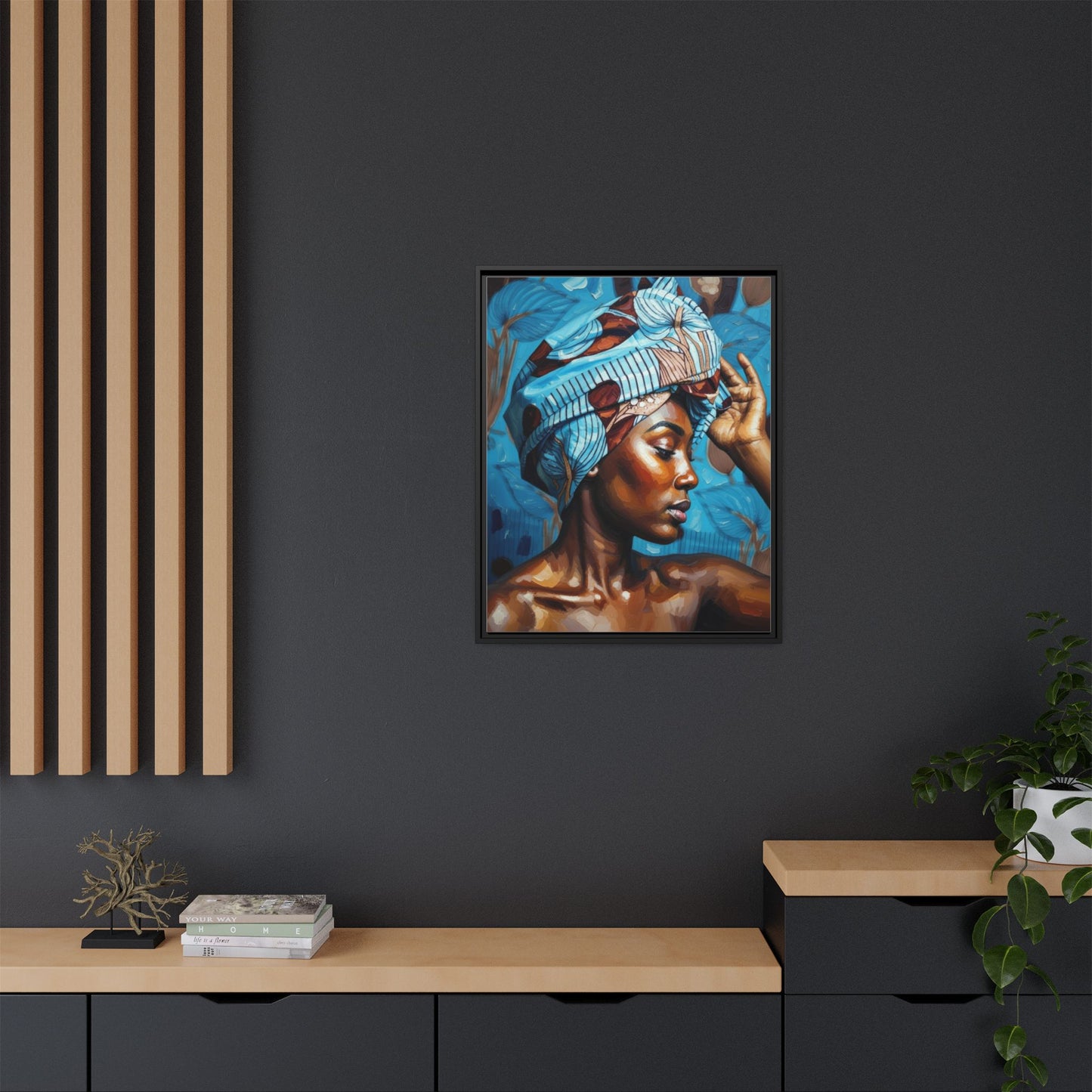 Framed Canvas Art — Portrait of Woman in Blue Headwrap