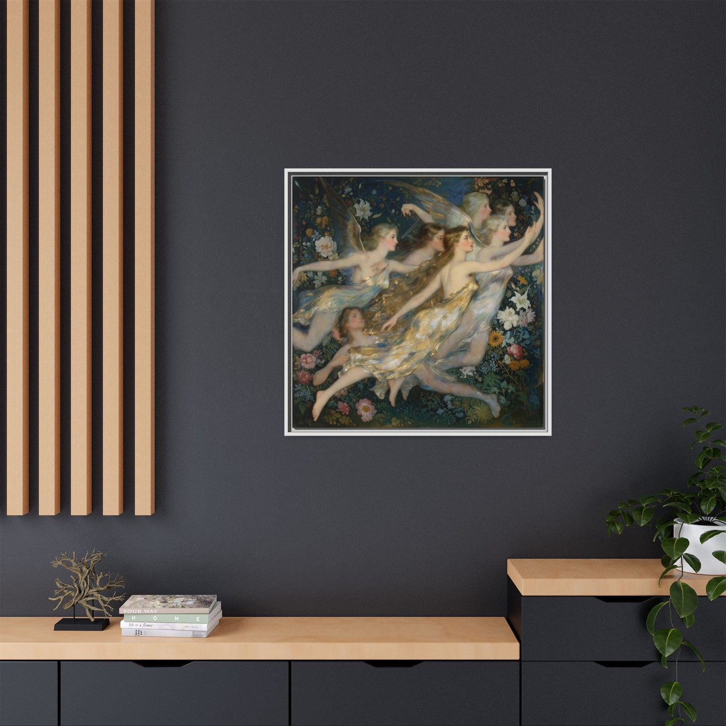 Framed Matte Canvas Wall Art — Vintage Fairies & Floral Painting