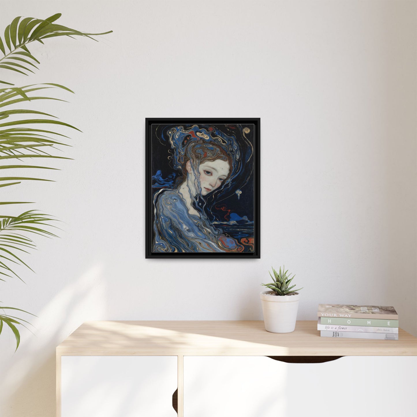 Framed Matte Canvas Art Print — Surreal Blue Maiden Portrait