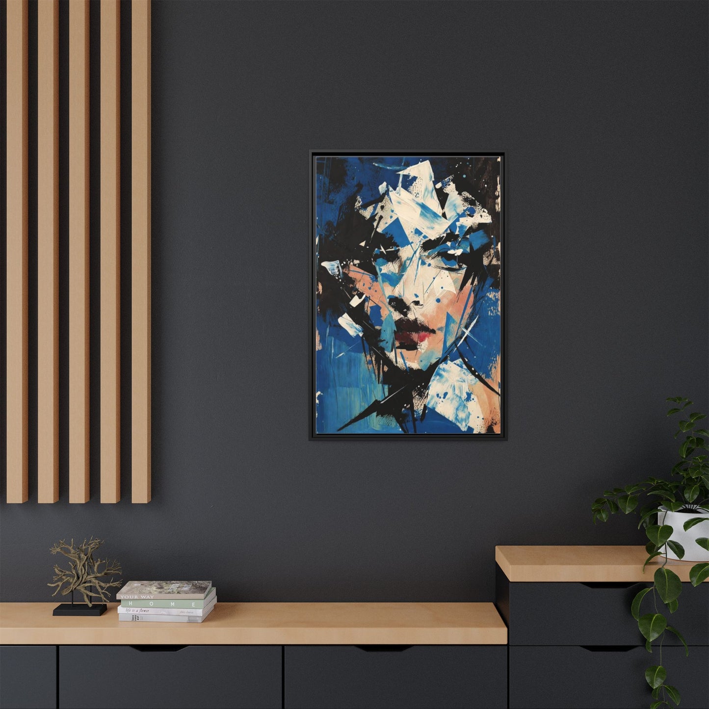 Abstract Portrait Matte Canvas Framed Wall Art — Blue Mixed-Media Face Print
