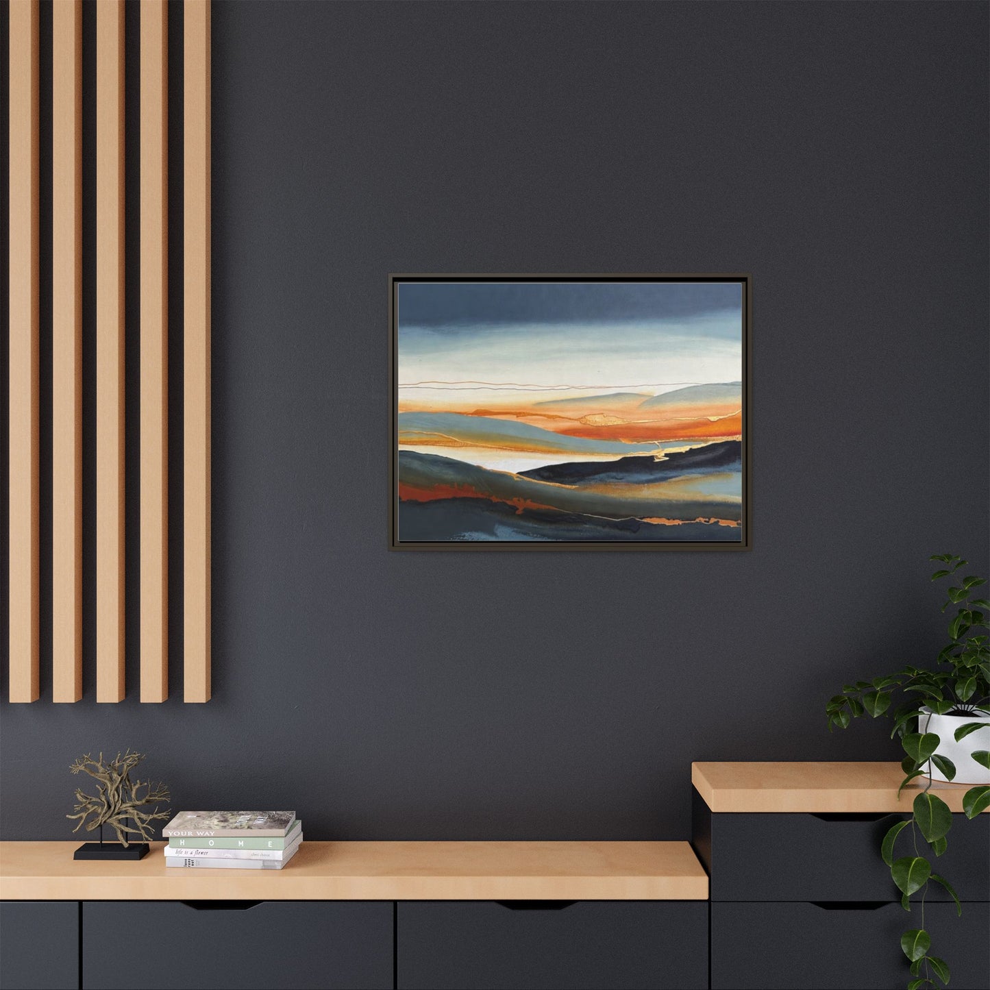 Framed Matte Canvas: Abstract Coastal Sunset Landscape Wall Art