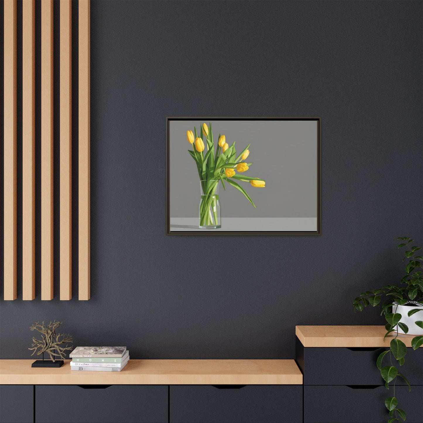Framed Matte Canvas Art — Yellow Tulip Vase Wall Print