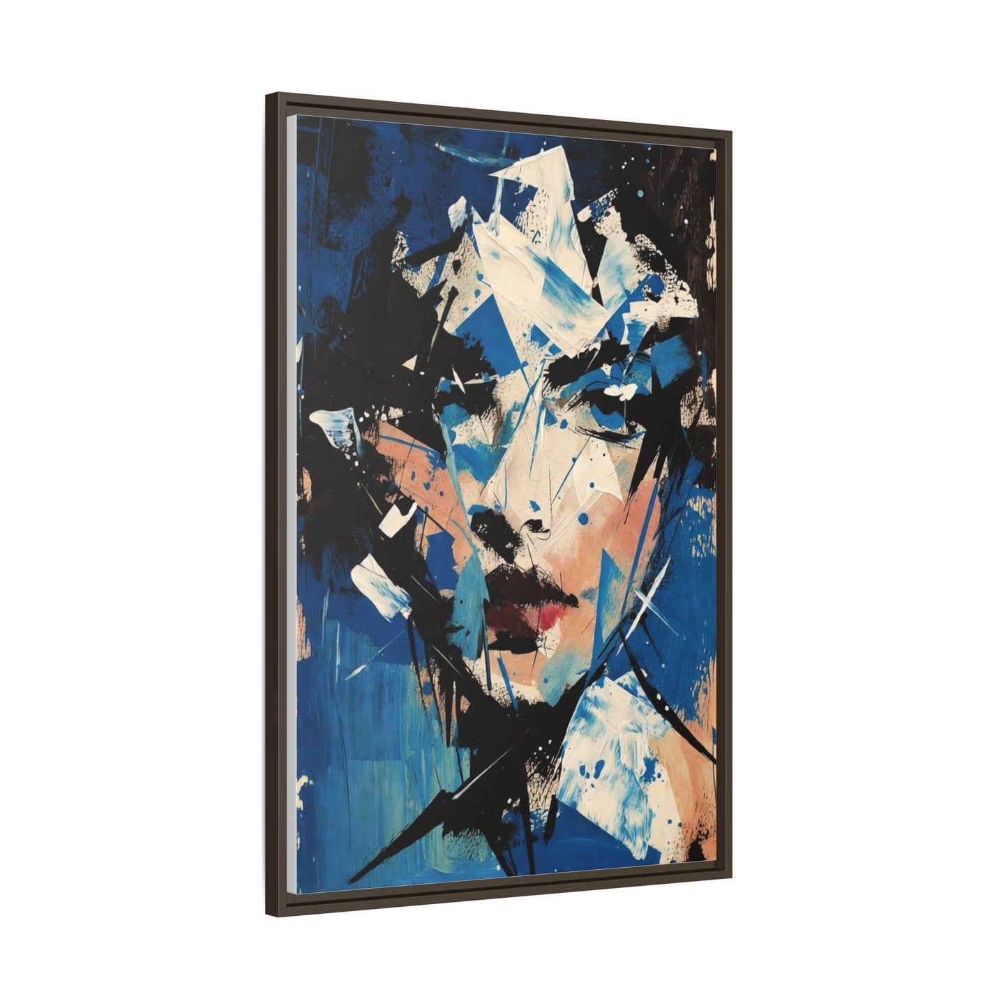 Abstract Portrait Matte Canvas Framed Wall Art — Blue Mixed-Media Face Print