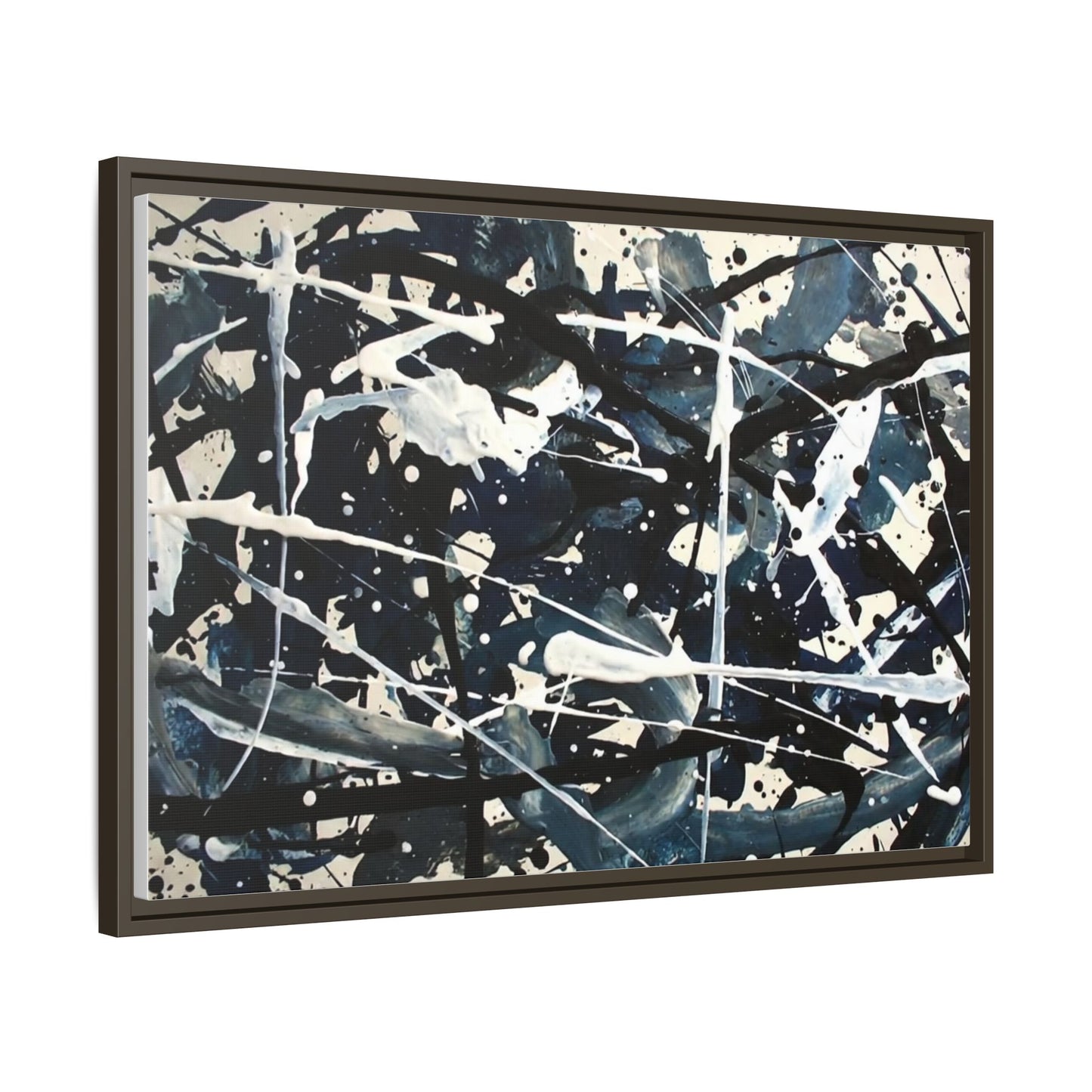 Abstract Splatter Matte Canvas Framed Wall Art — Black & Blue Modern Art Print