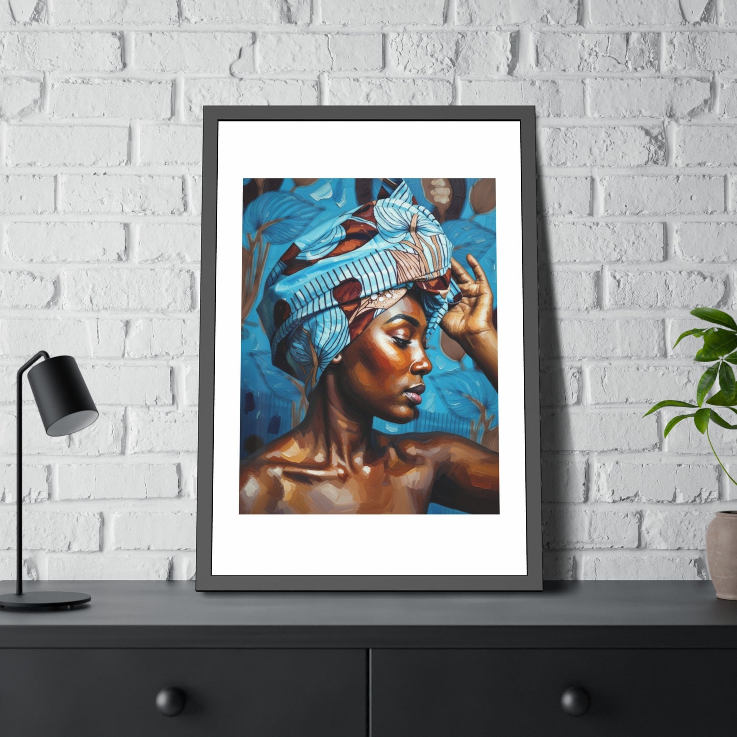 Framed Art Print — Portrait of Woman with Blue Headwrap (Gallery Wall Decor)