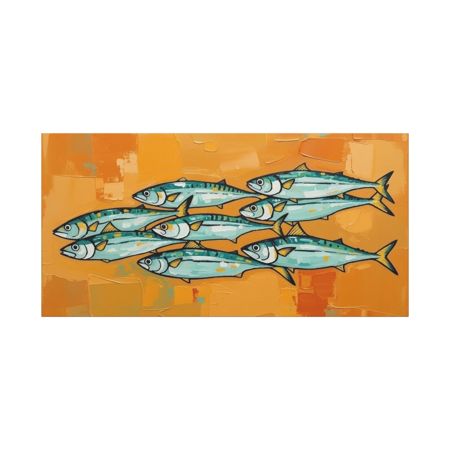 School of Mackerel Canvas Wall Art — Nautical Fish Painting on Orange Background