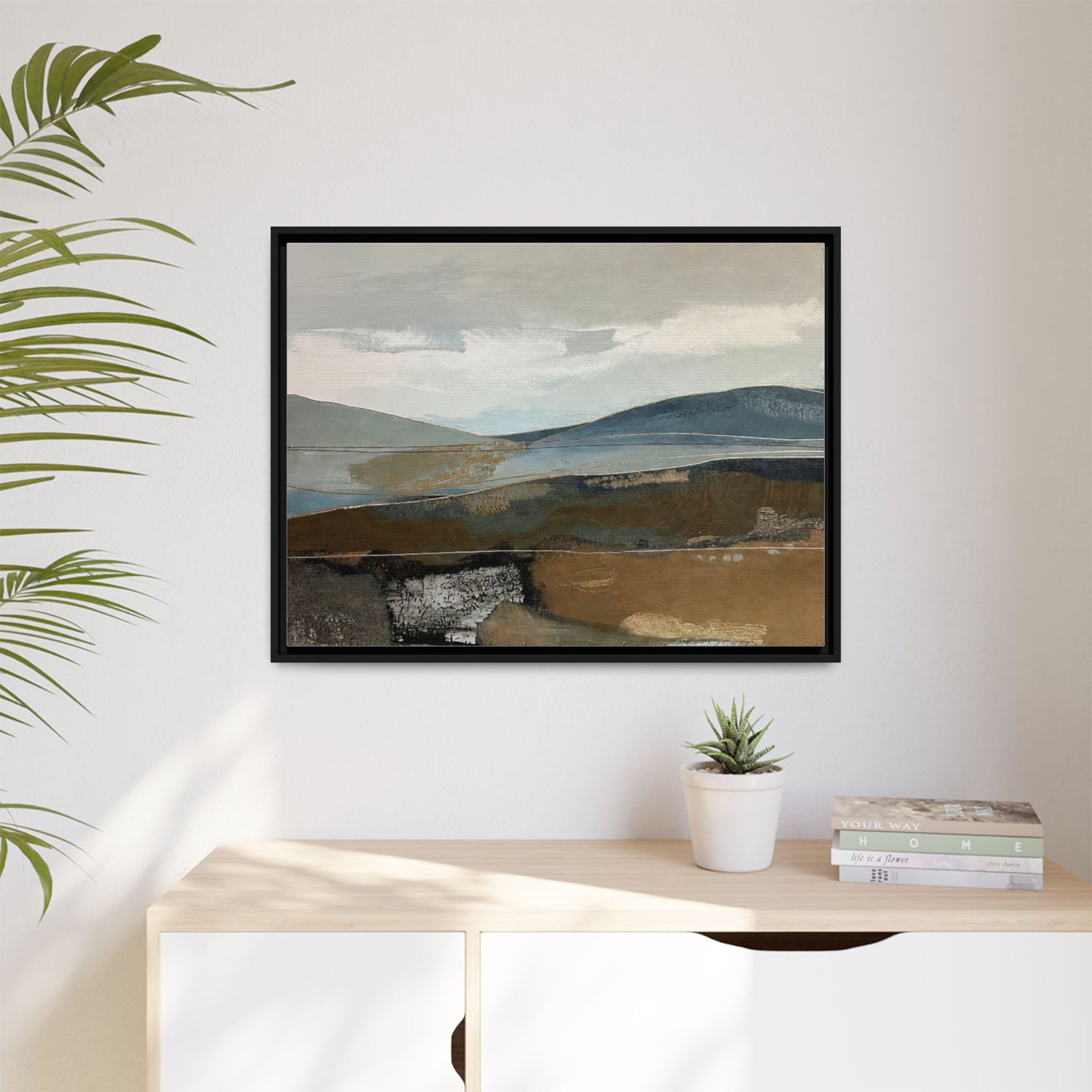 Framed Matte Canvas Landscape Art - Serene Abstract Hills in Blue & Earth Tones