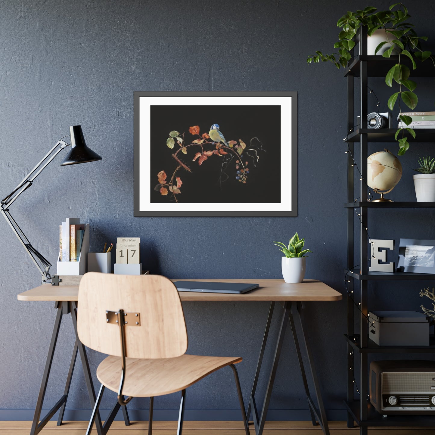 Framed Bird Print Poster — Vintage Botanical Bird Illustration on Black