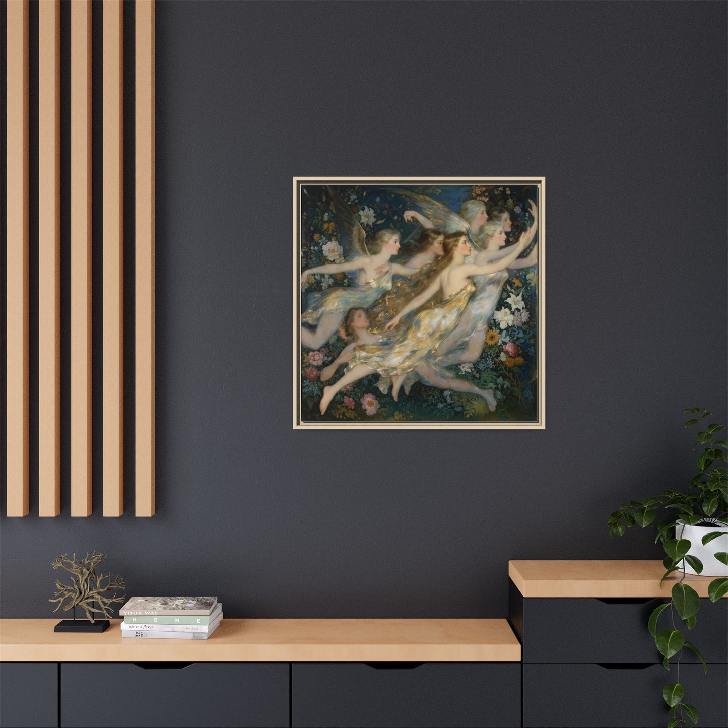 Framed Matte Canvas Wall Art — Vintage Fairies & Floral Painting