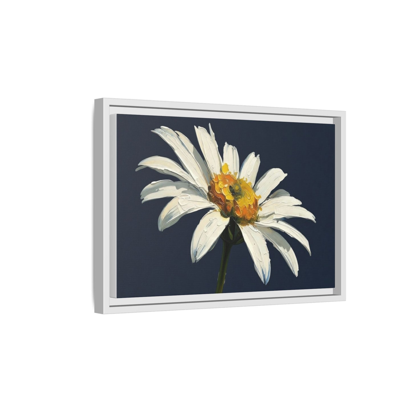 Framed Matte Canvas Daisy Wall Art — White Floral Painting on Navy