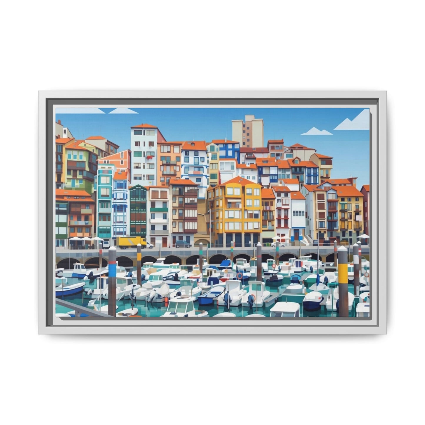 Framed Matte Canvas Print — Colorful Mediterranean Harbor Illustration