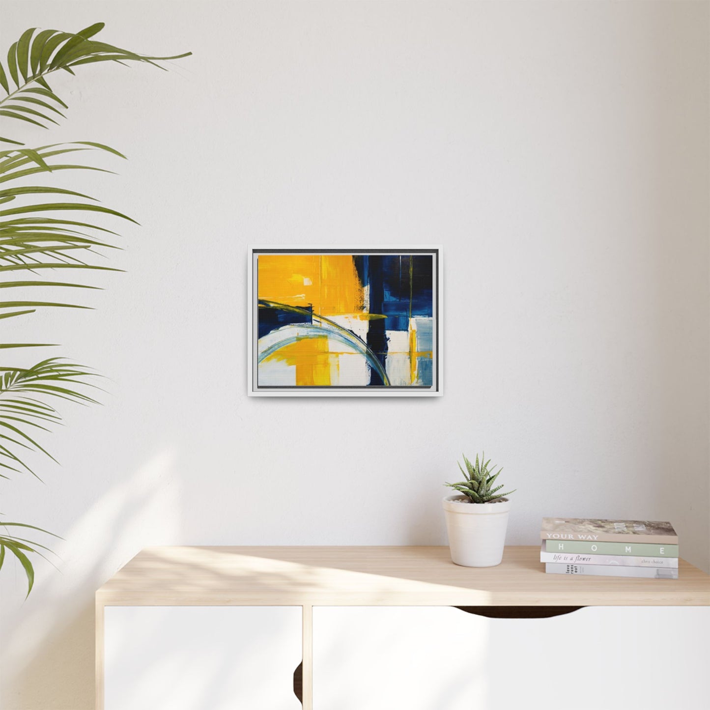 Abstract Yellow & Blue Framed Canvas Wall Art — Modern Matte Canvas Print