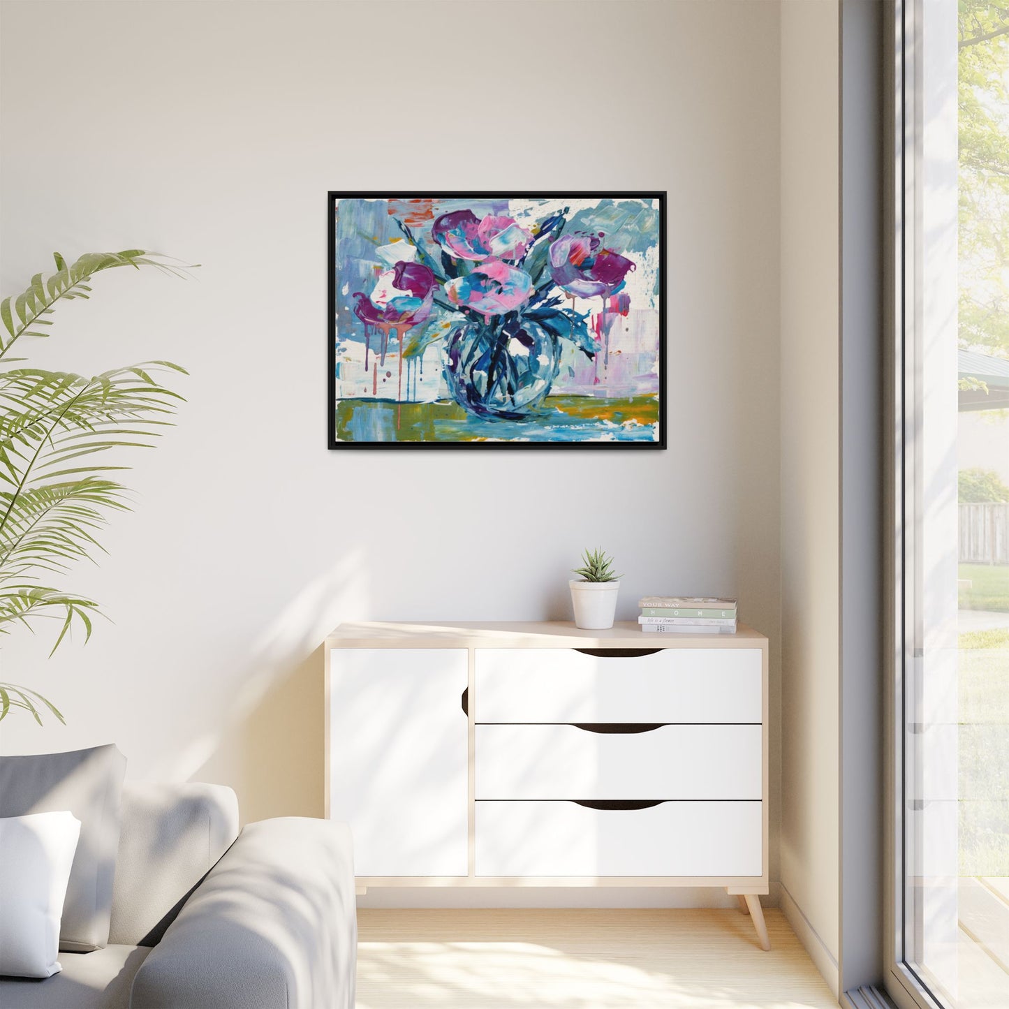 Framed Floral Canvas Art — Abstract Pink & Blue Bouquet