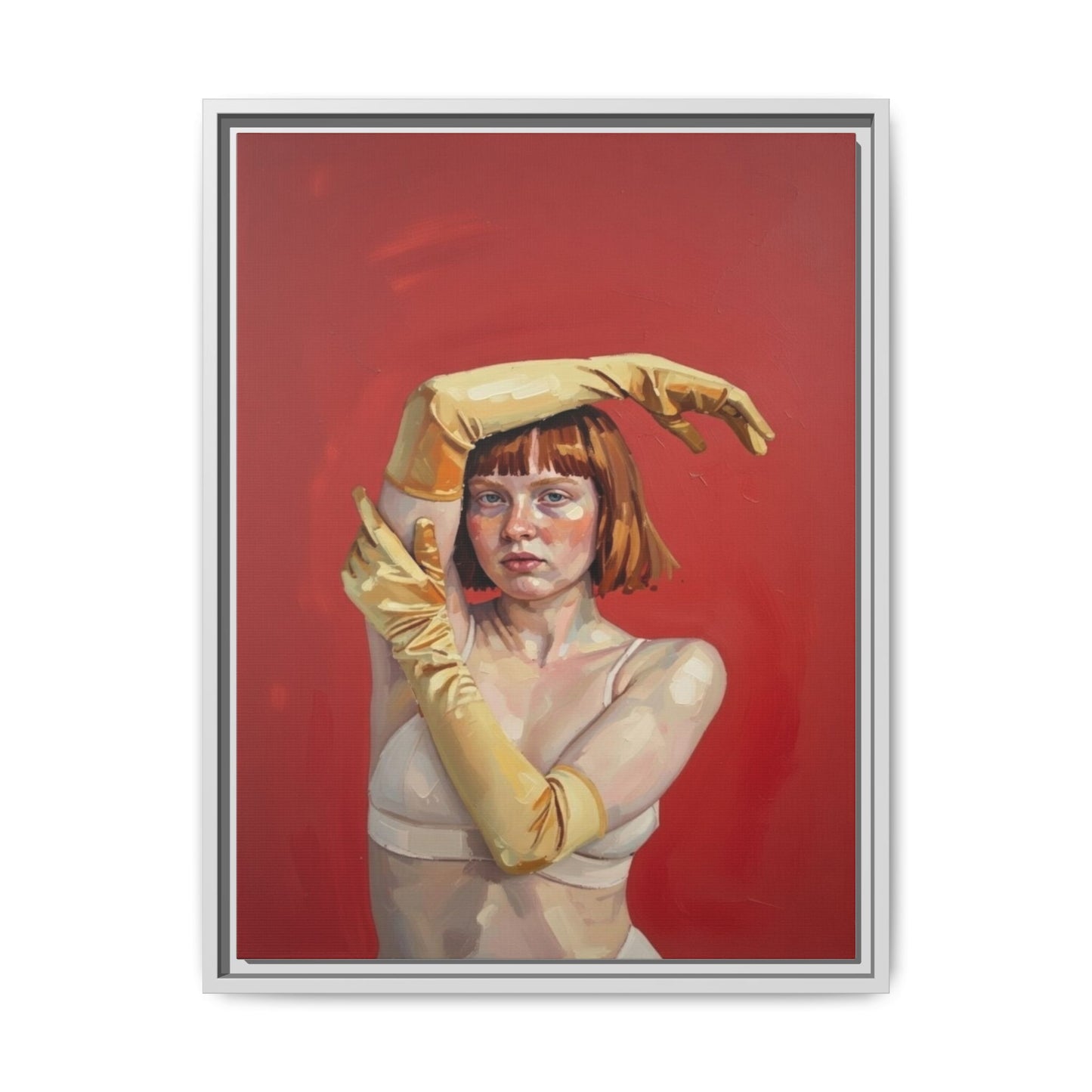 Framed Matte Canvas Art - Portrait of Woman in Yellow Gloves (Red Background)