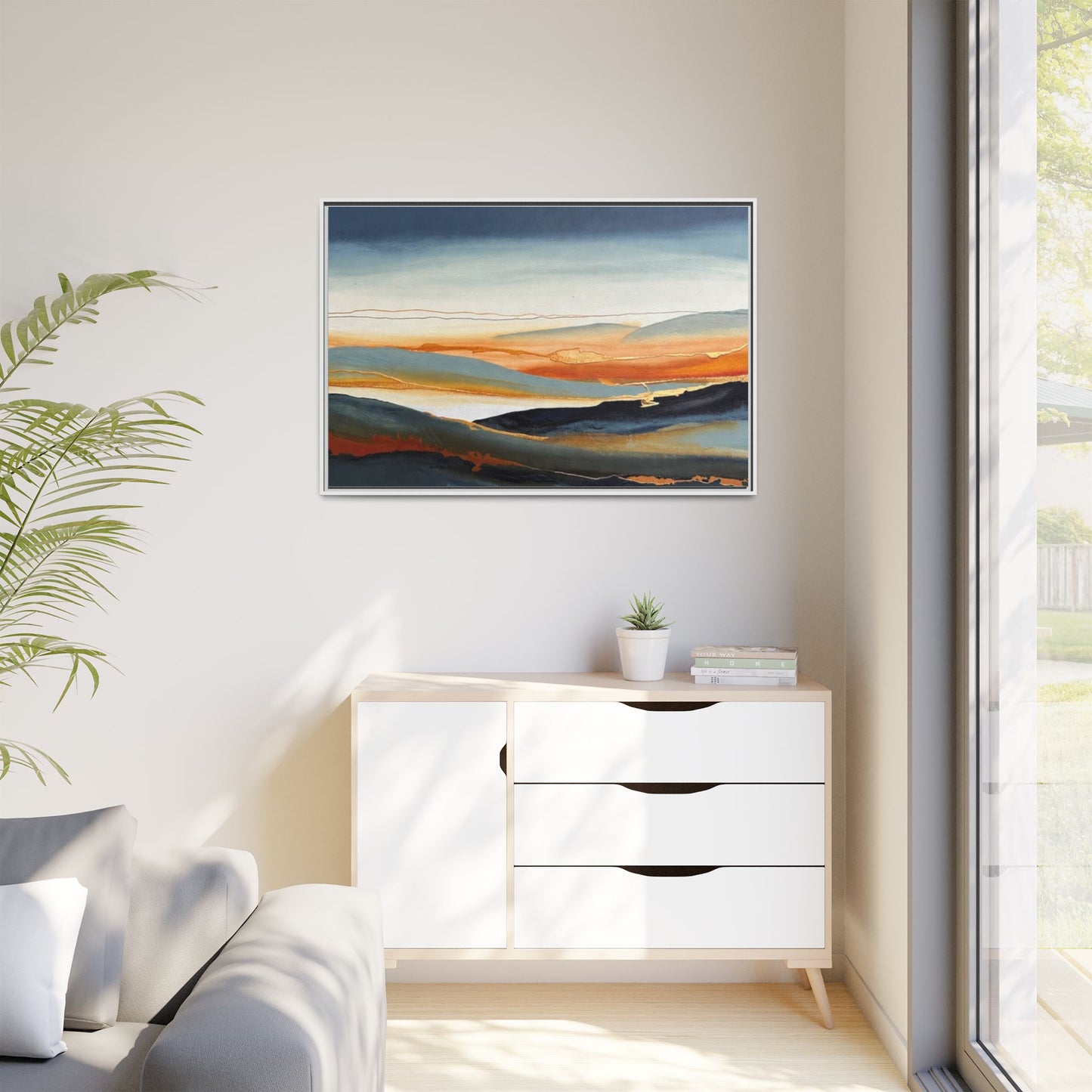 Framed Matte Canvas: Abstract Coastal Sunset Landscape Wall Art