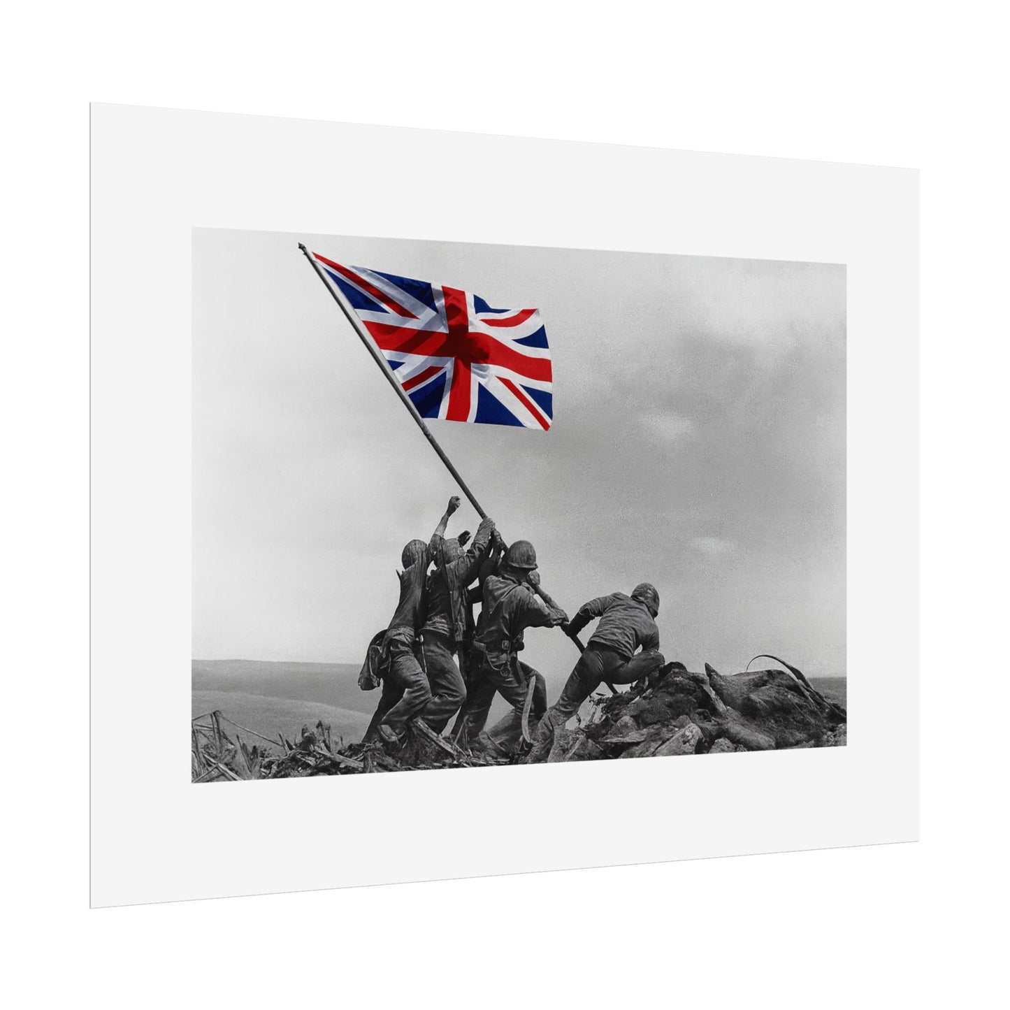Raising the Union Jack by Unknown attributed to Joe Rosenthal Wall Art Print