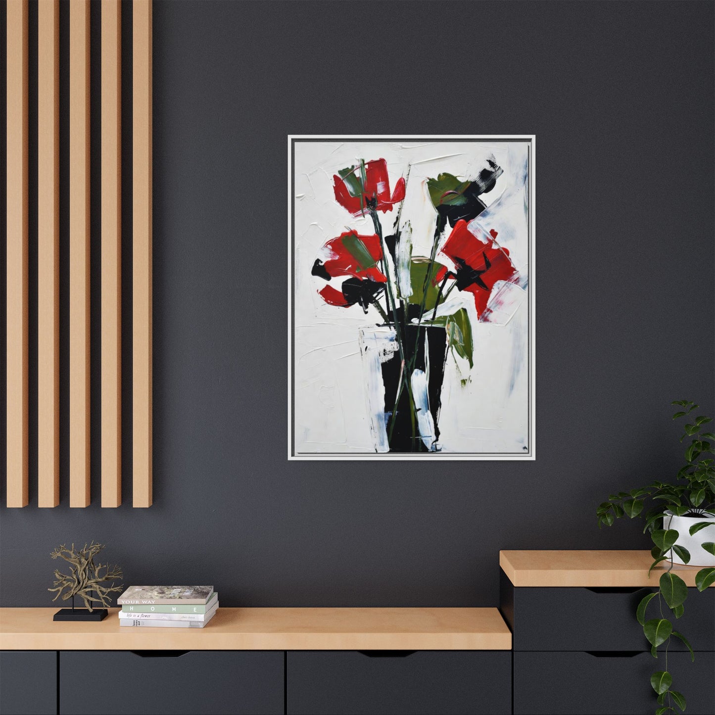 Framed Abstract Floral Canvas Print — Red Poppies in Black Vase