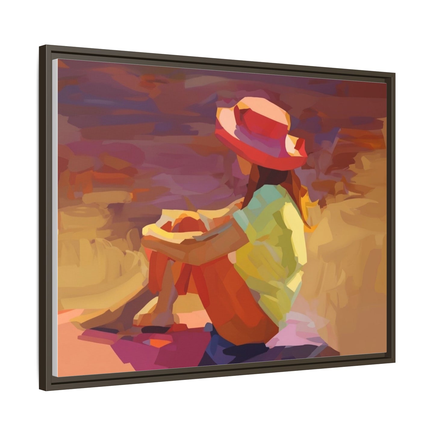Framed Matte Canvas — Colorful Seated Girl Beach Art