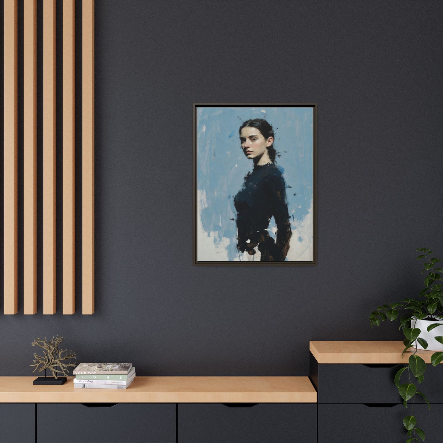 Framed Matte Canvas Portrait Print — Elegant Blue Woman Art