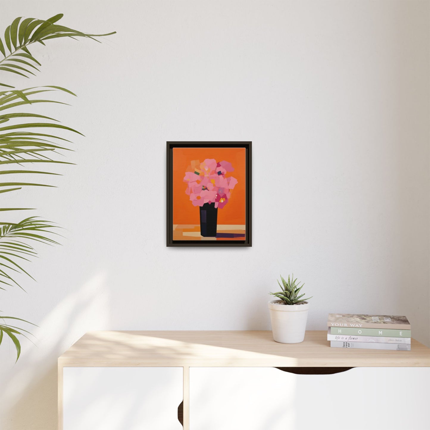 Framed Floral Canvas Art — Pink Bouquet on Orange Background