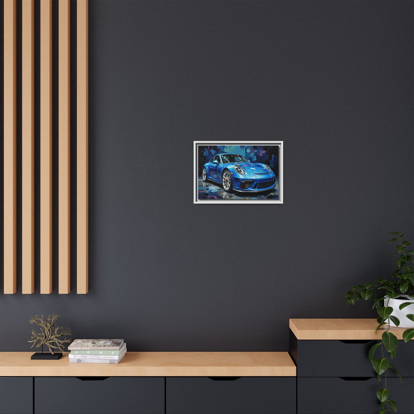 Blue Sports Car Matte Canvas Framed Print — Modern Automotive Wall Art