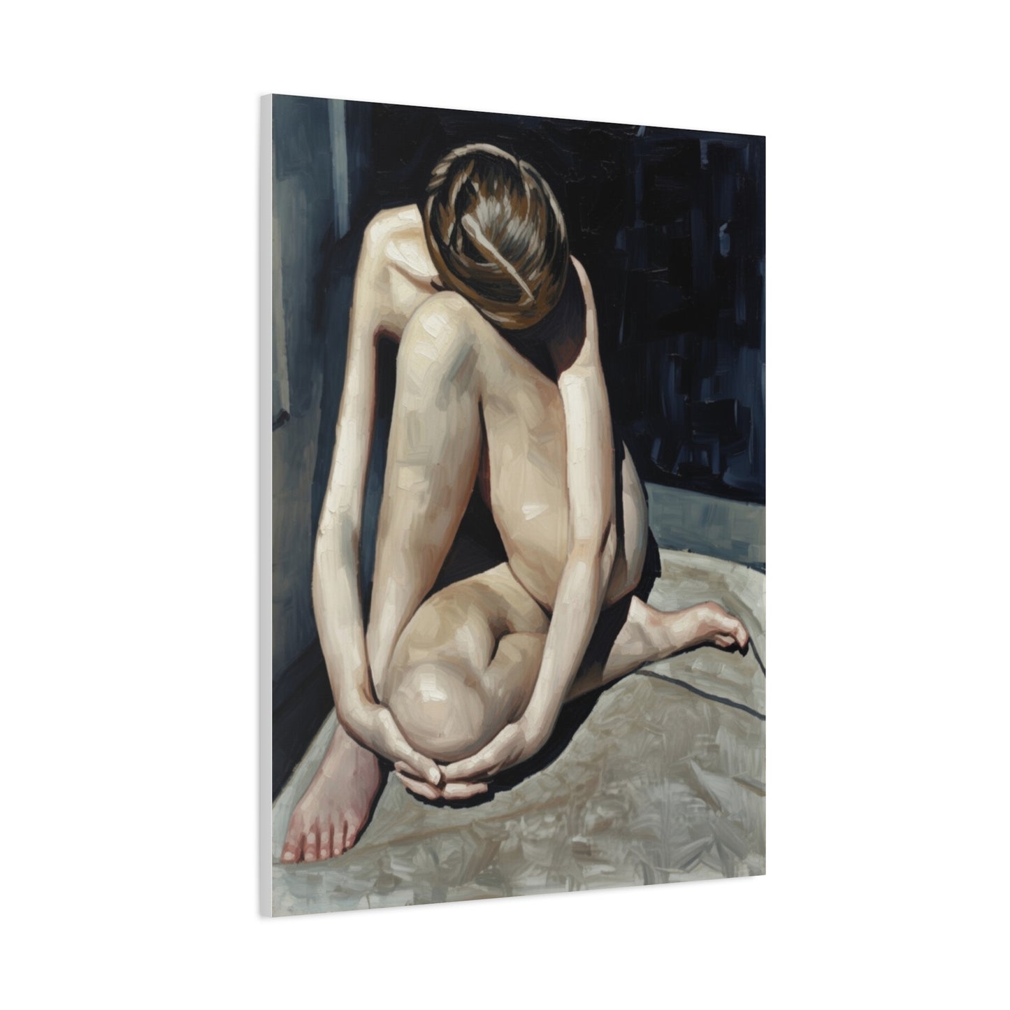 Figurative Nude Art Canvas Print — Contemplative Female Figure Matte Stretched