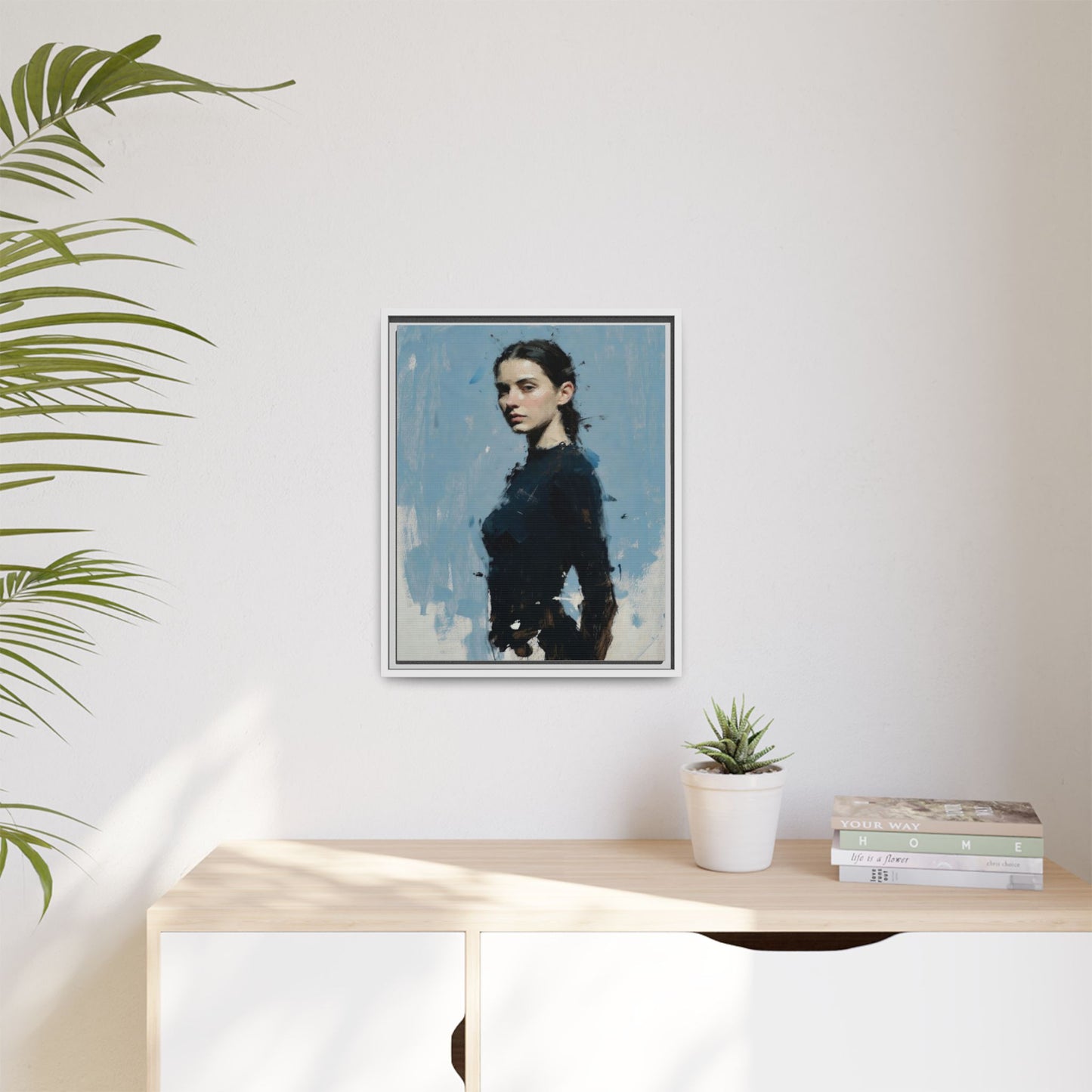 Framed Matte Canvas Portrait Print — Elegant Blue Woman Art