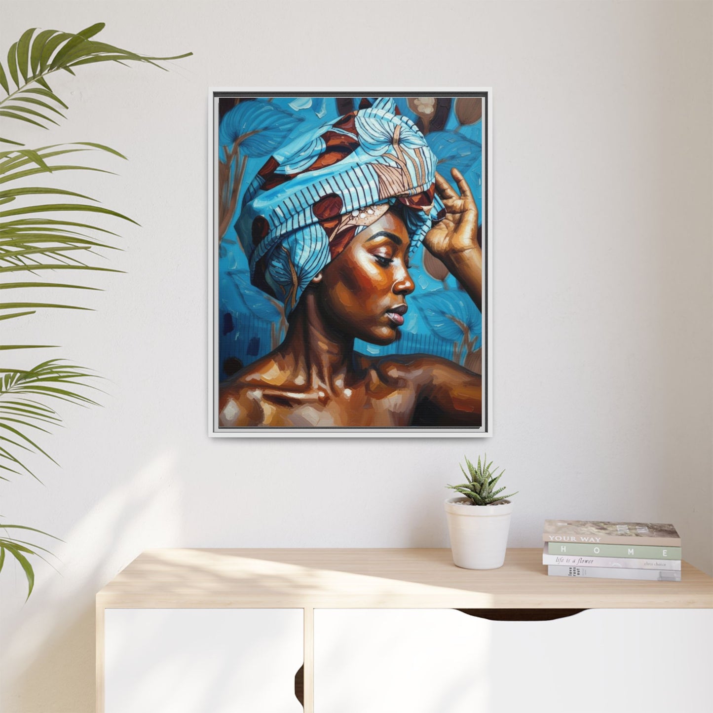 Framed Canvas Art — Portrait of Woman in Blue Headwrap