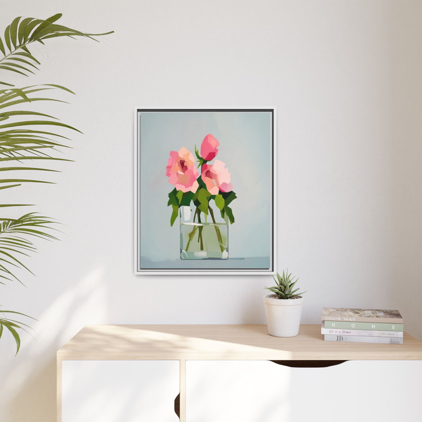 Framed Floral Canvas Print — Pink Roses in Glass Vase (Matte)
