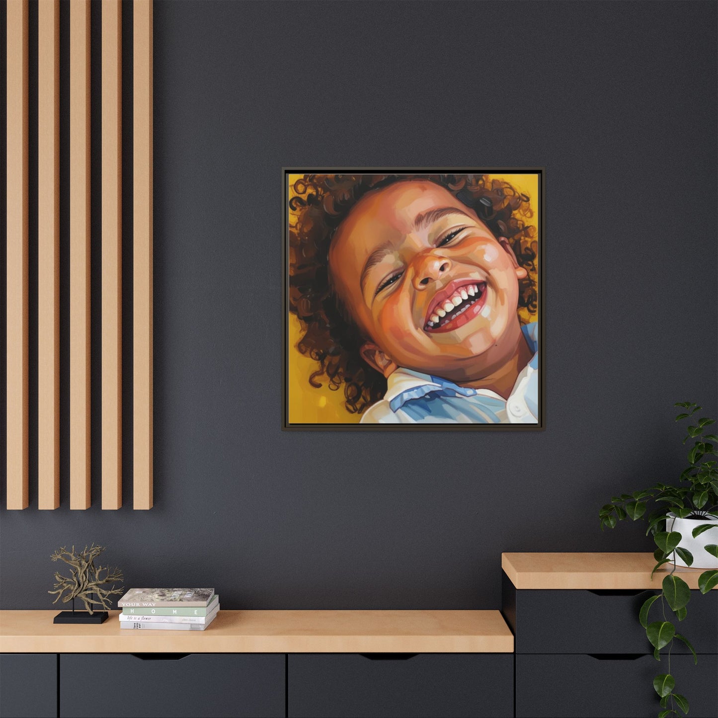 Framed Matte Canvas Print – Joyful Child Portrait, Colorful Nursery Wall Art