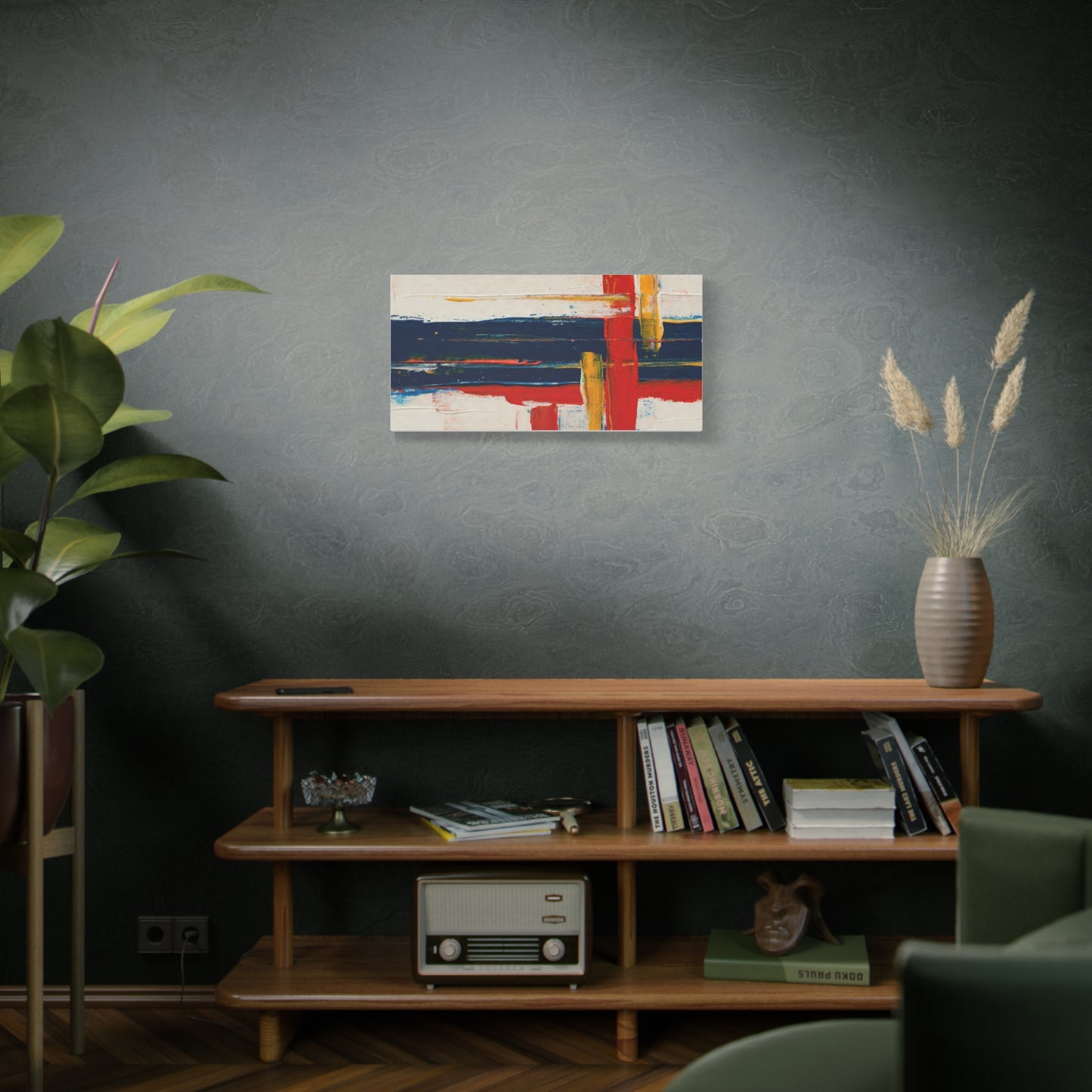 Abstract Modern Canvas Art Print — Red, Navy & Gold Stretched Matte Canvas
